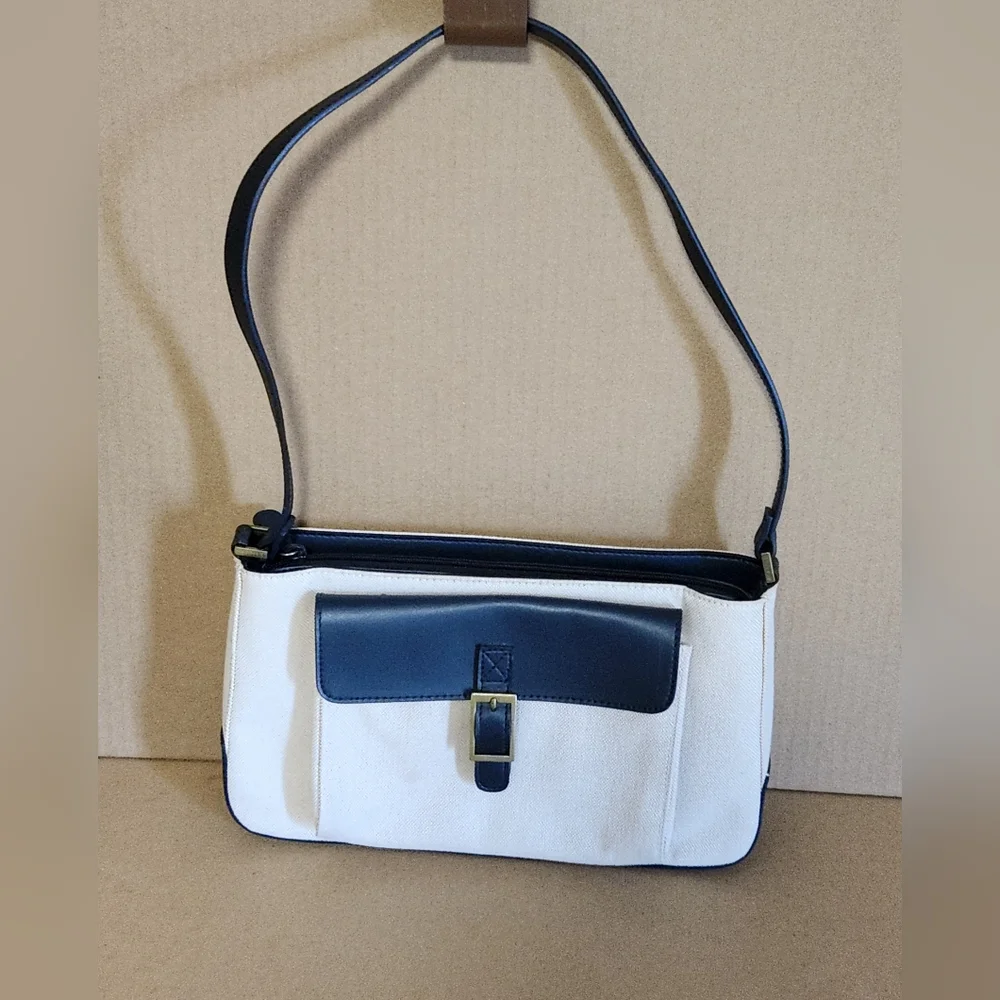 Etienne Aigner Tan/ Navy Faux Leather Accent Canvas Bag